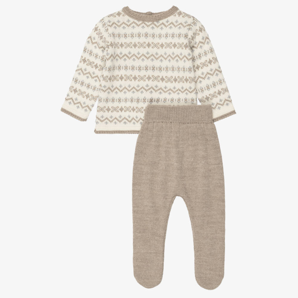 Mebi-Boys Beige Knitted Fair Isle 2 Piece Babygrow | Childrensalon