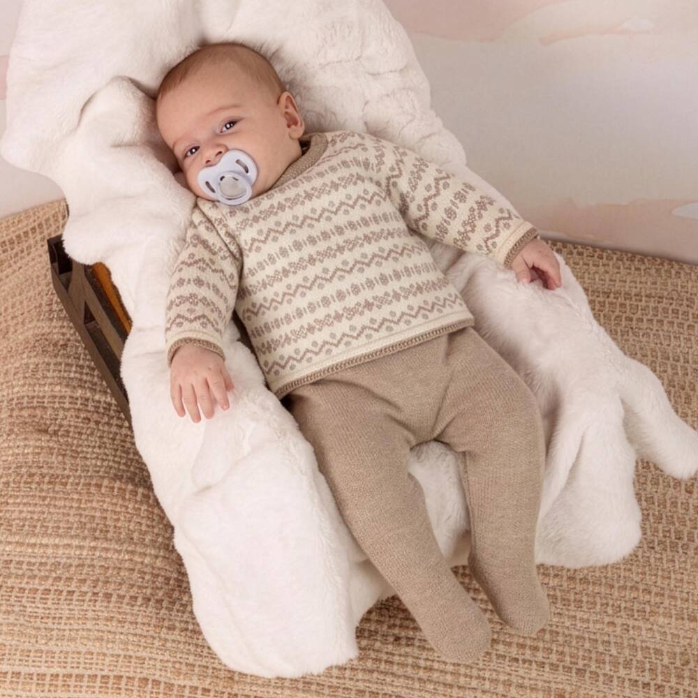 Mebi-Boys Beige Knitted Fair Isle 2 Piece Babygrow | Childrensalon