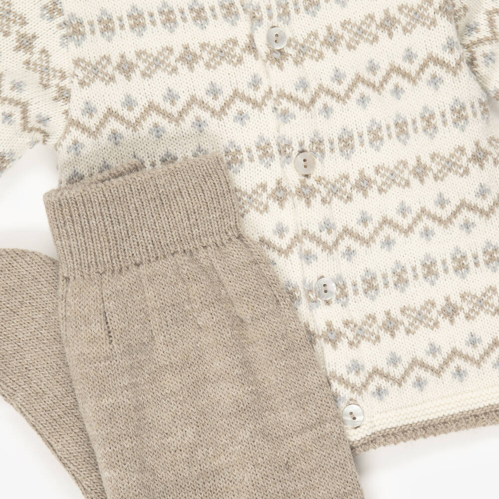 Mebi-Boys Beige Knitted Fair Isle 2 Piece Babygrow | Childrensalon