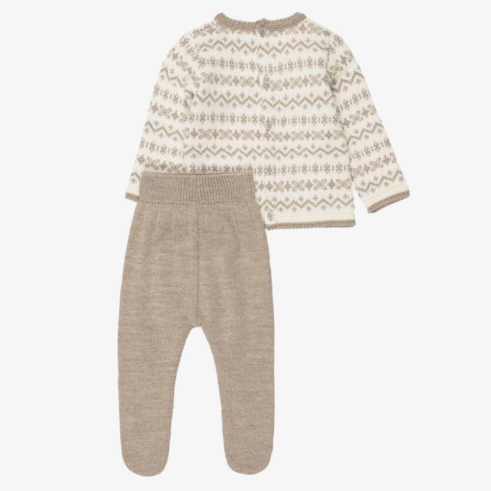 Mebi-Boys Beige Knitted Fair Isle 2 Piece Babygrow | Childrensalon