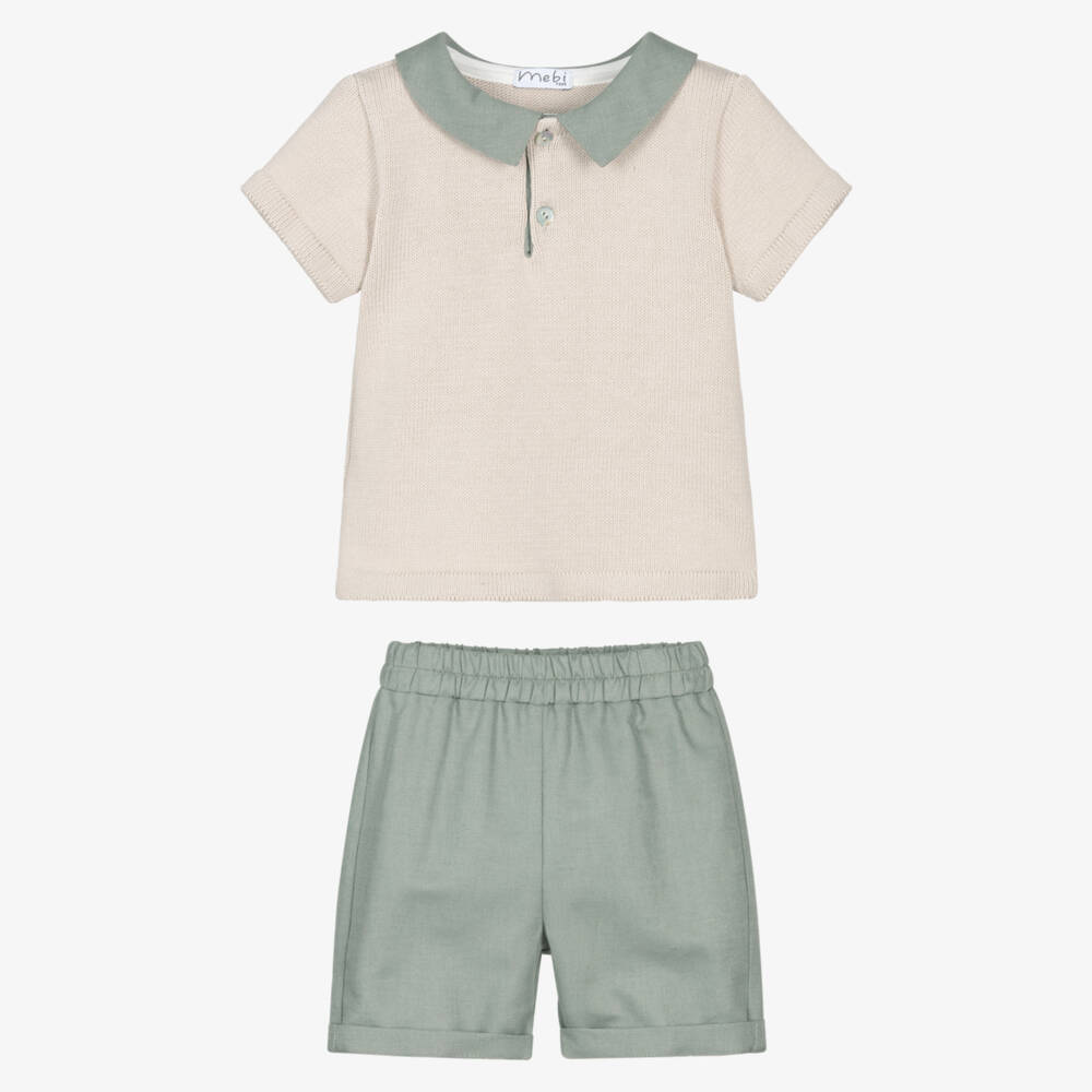 Mebi-Boys Beige Knitted Top & Green Shorts Set | Childrensalon