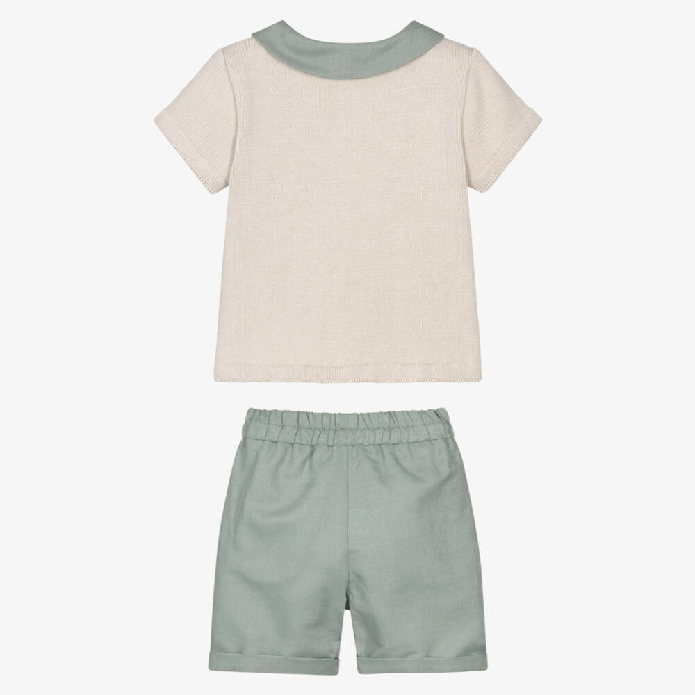 Mebi-Boys Beige Knitted Top & Green Shorts Set | Childrensalon