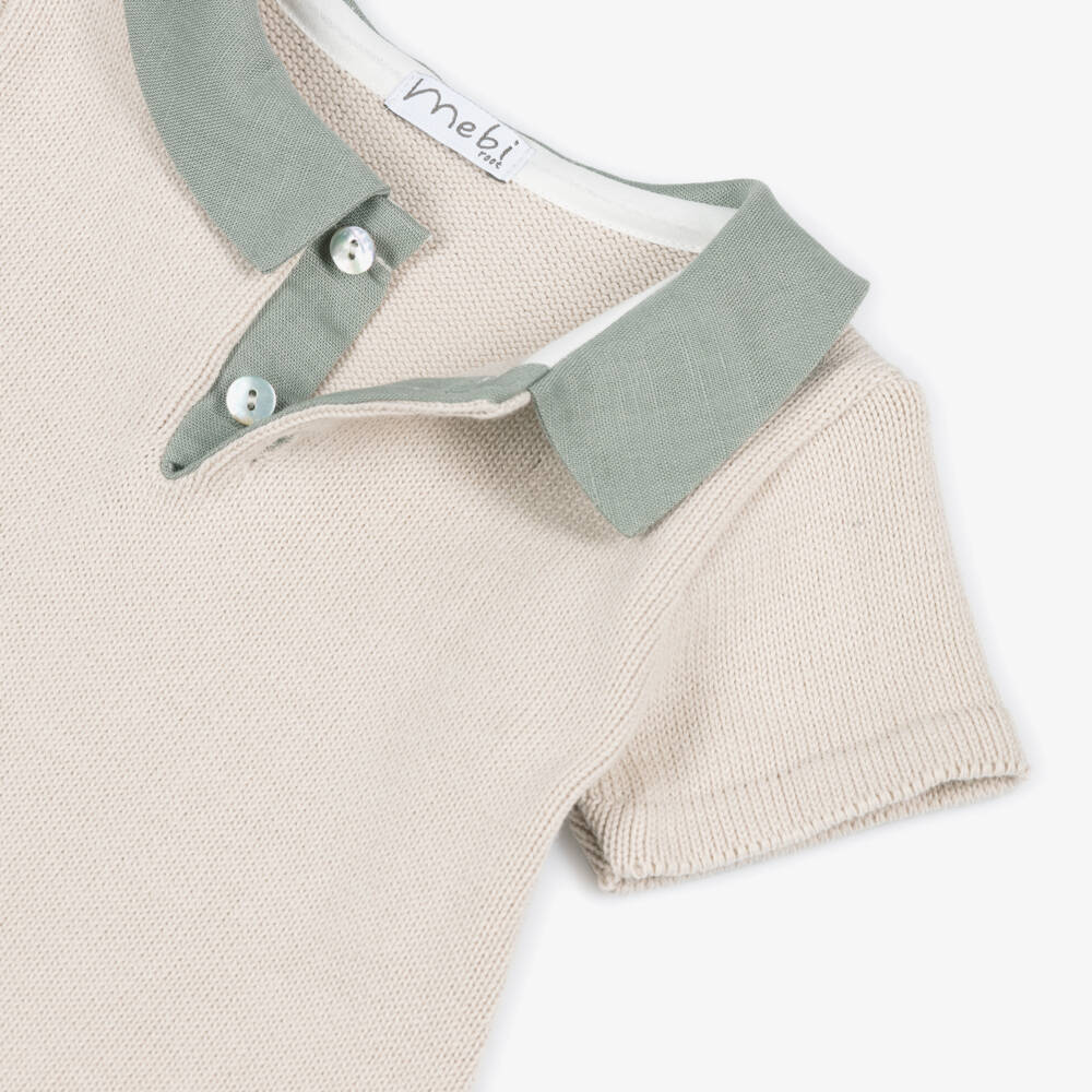 Mebi-Boys Beige Knitted Top & Green Shorts Set | Childrensalon
