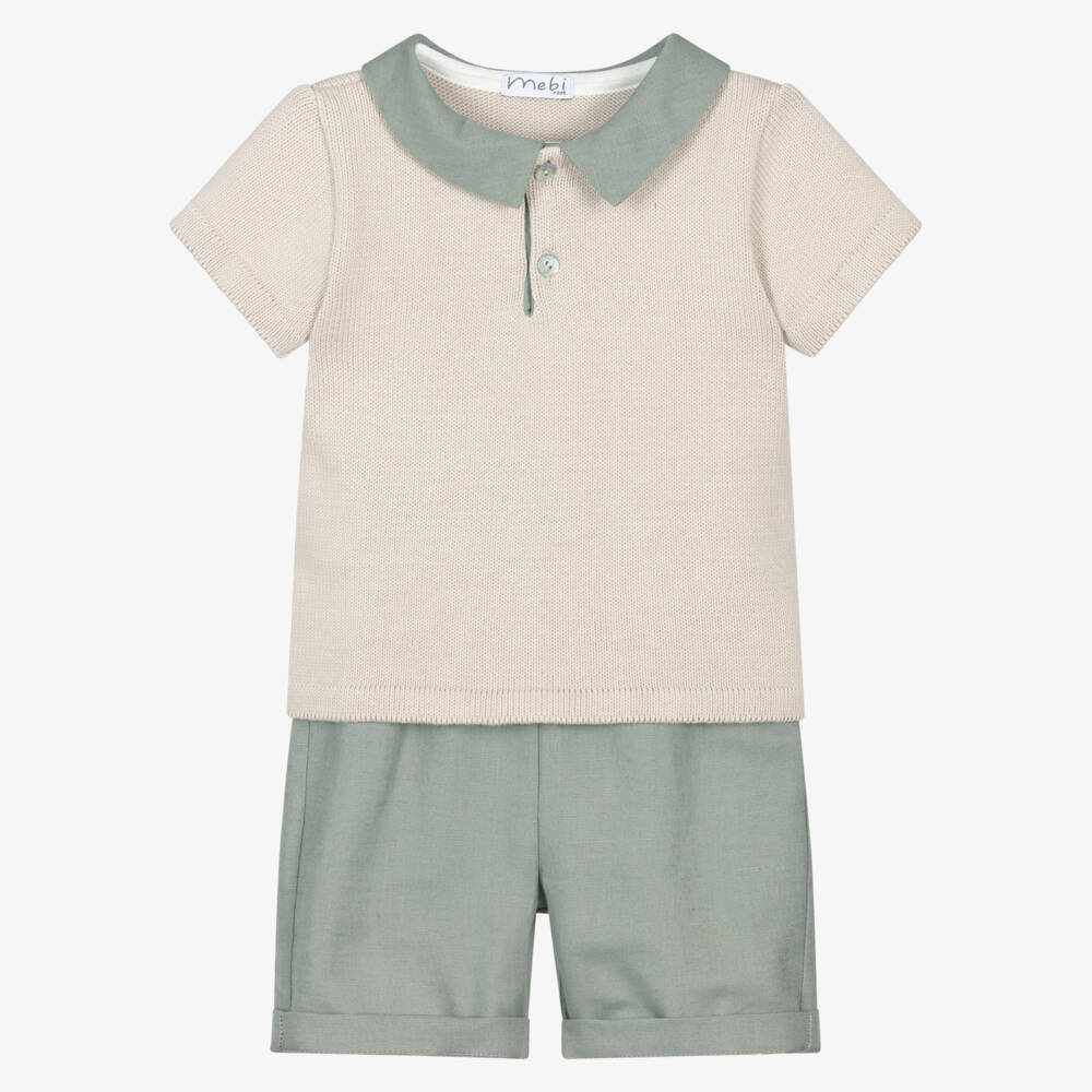 Mebi-Boys Beige Knitted Top & Green Shorts Set | Childrensalon