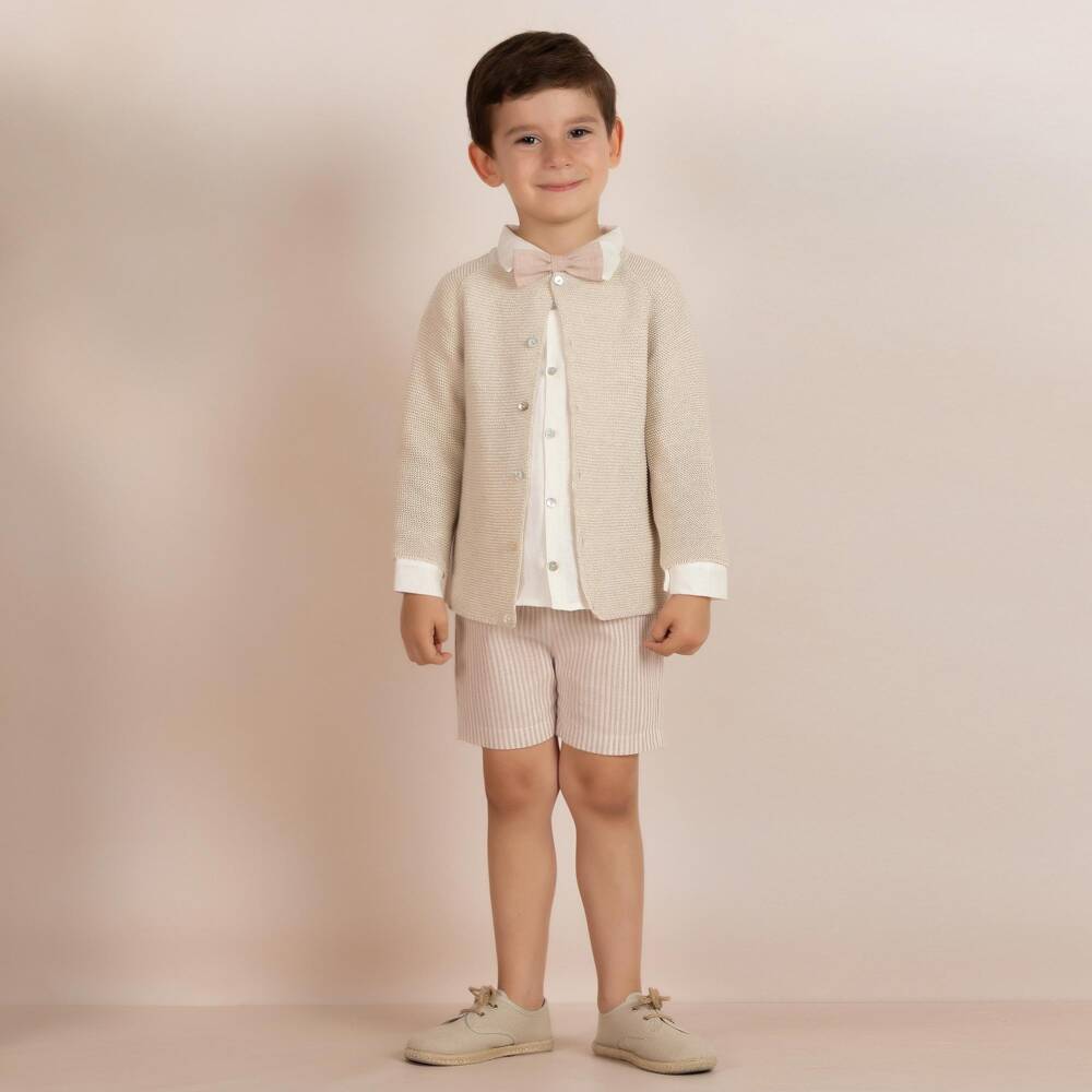 Mebi-Boys Beige Striped Shorts & Cardigan Set with Bow Tie | Childrensalon