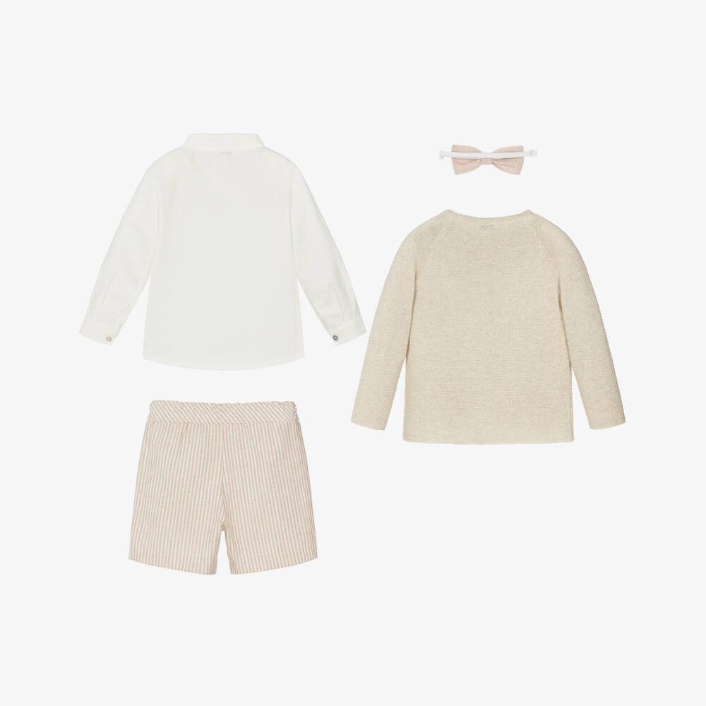 Mebi-Boys Beige Striped Shorts & Cardigan Set with Bow Tie | Childrensalon