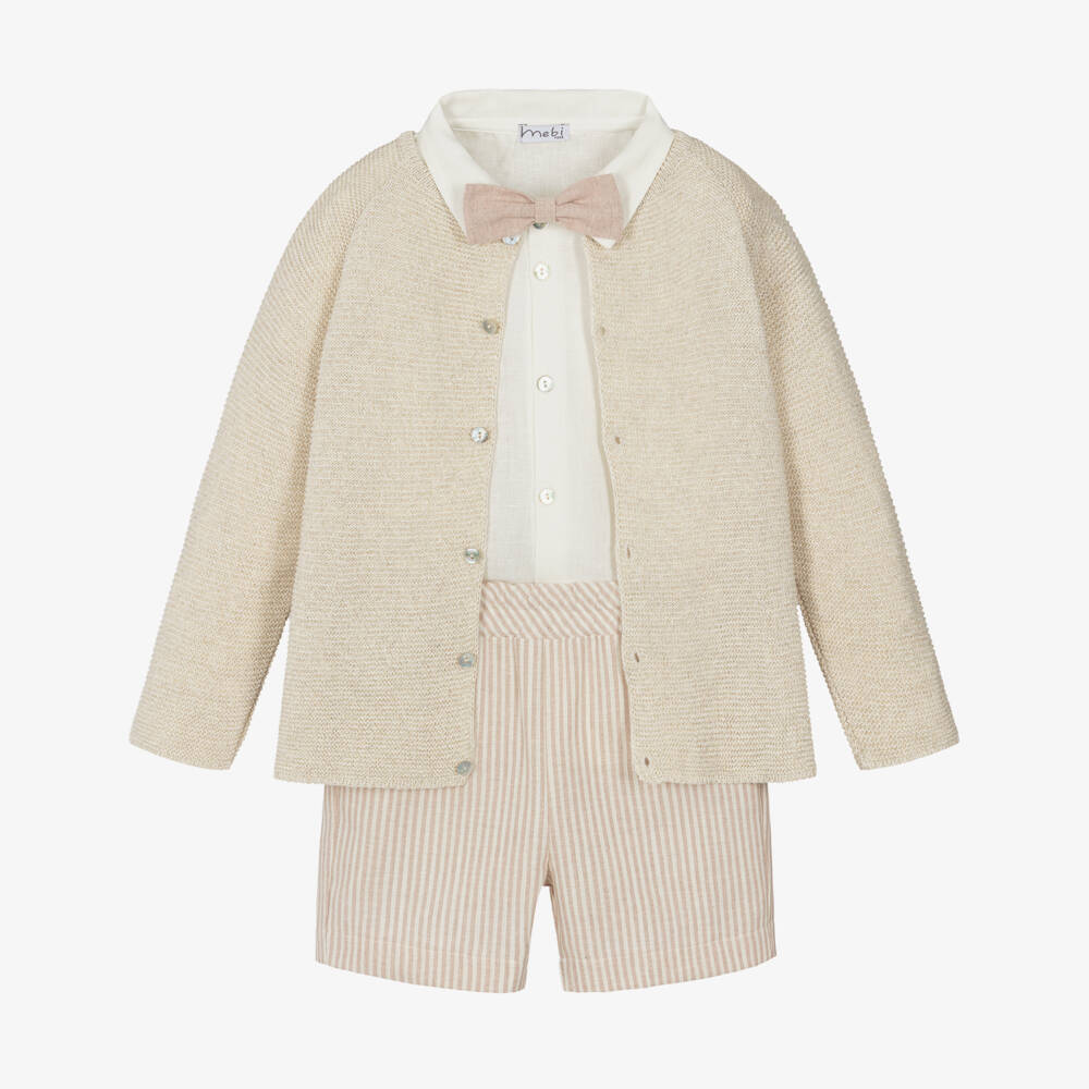 Mebi-Boys Beige Striped Shorts & Cardigan Set with Bow Tie | Childrensalon