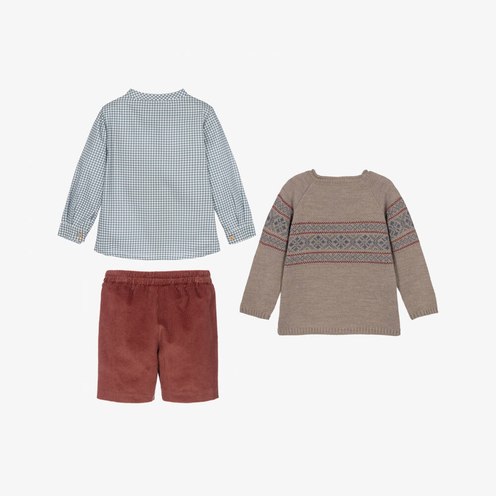 Mebi-Boys Beige Sweater & Red Corduroy Shorts Set | Childrensalon