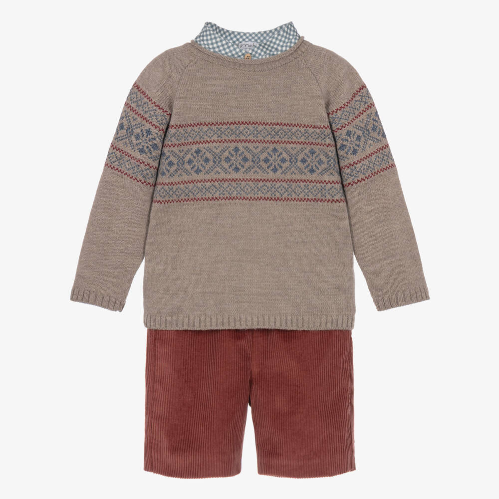 Mebi-Boys Beige Sweater & Red Corduroy Shorts Set | Childrensalon