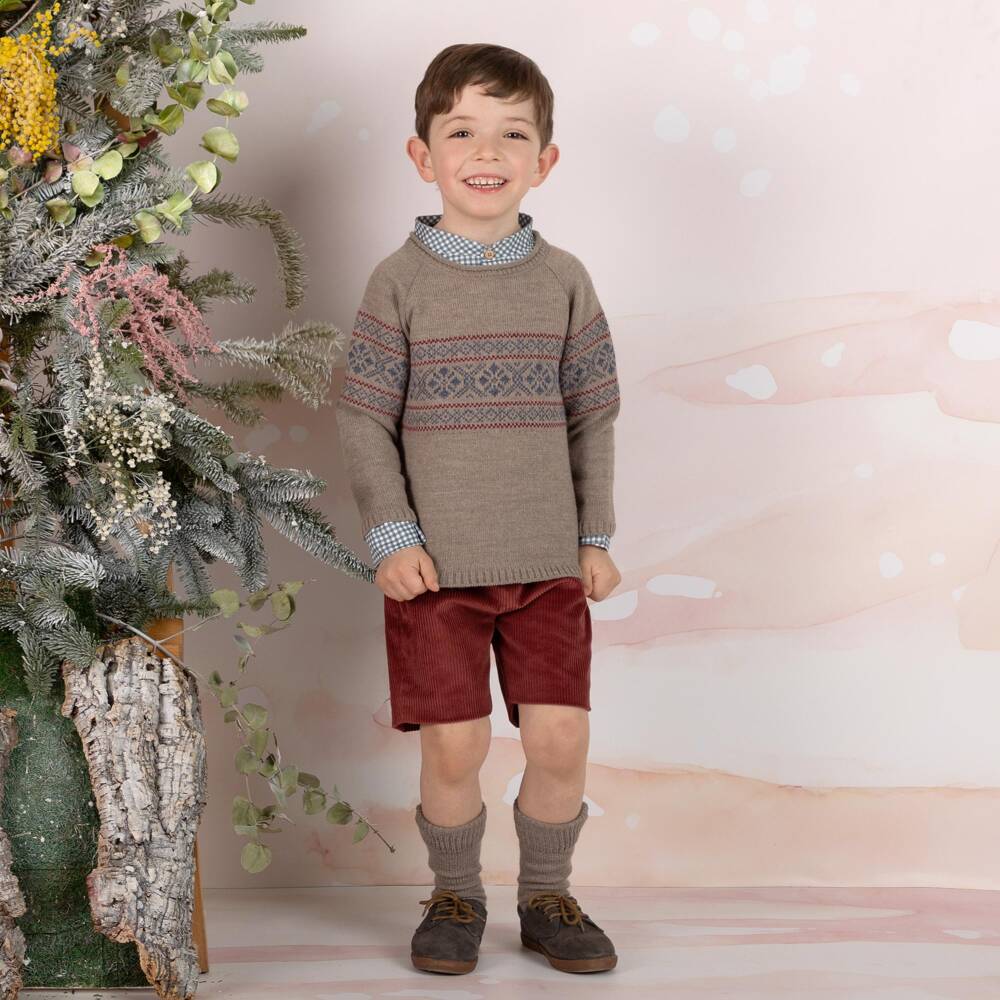 Mebi-Boys Beige Sweater & Red Corduroy Shorts Set | Childrensalon