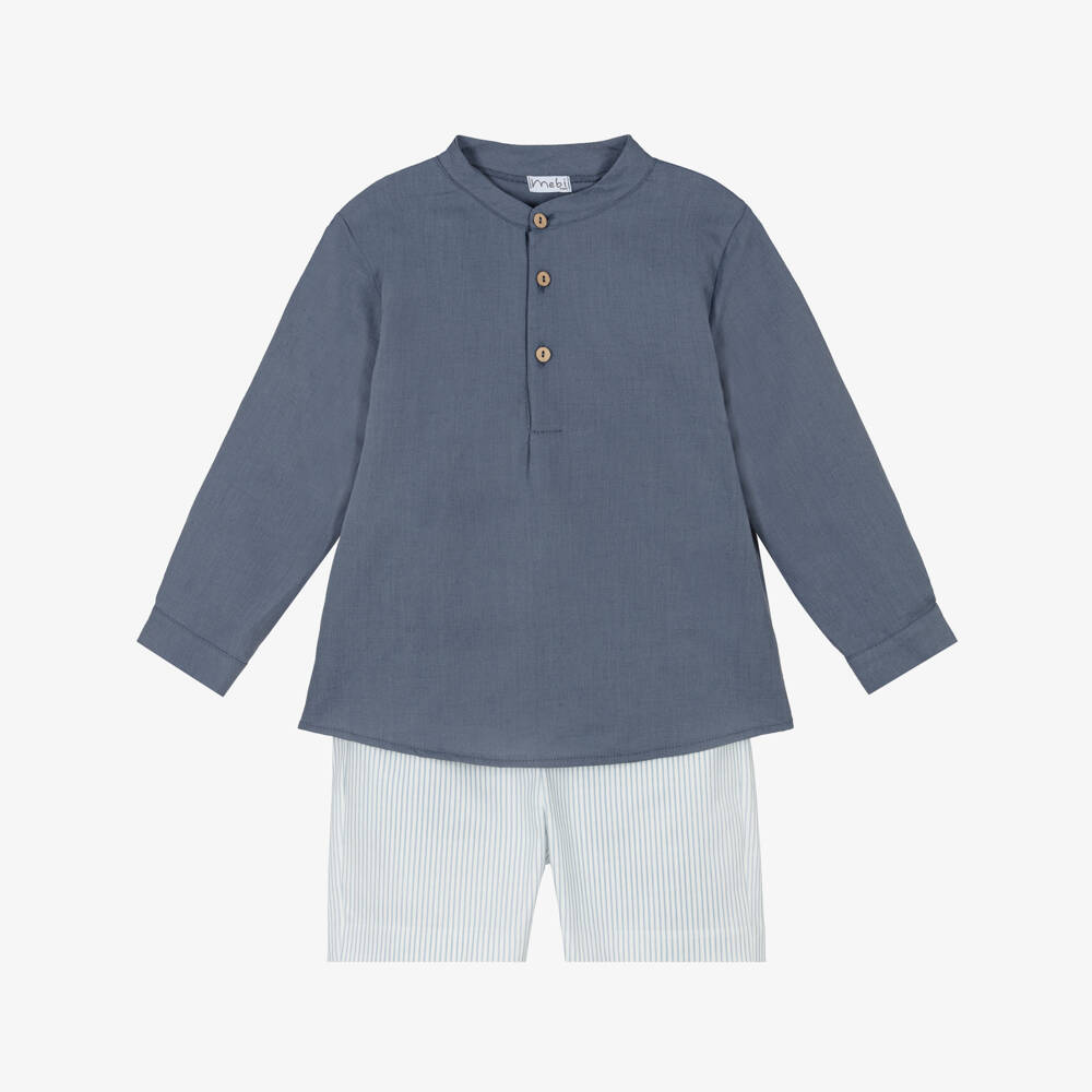 Mebi-Boys Blue Collarless Shirt & Striped Shorts Set | Childrensalon