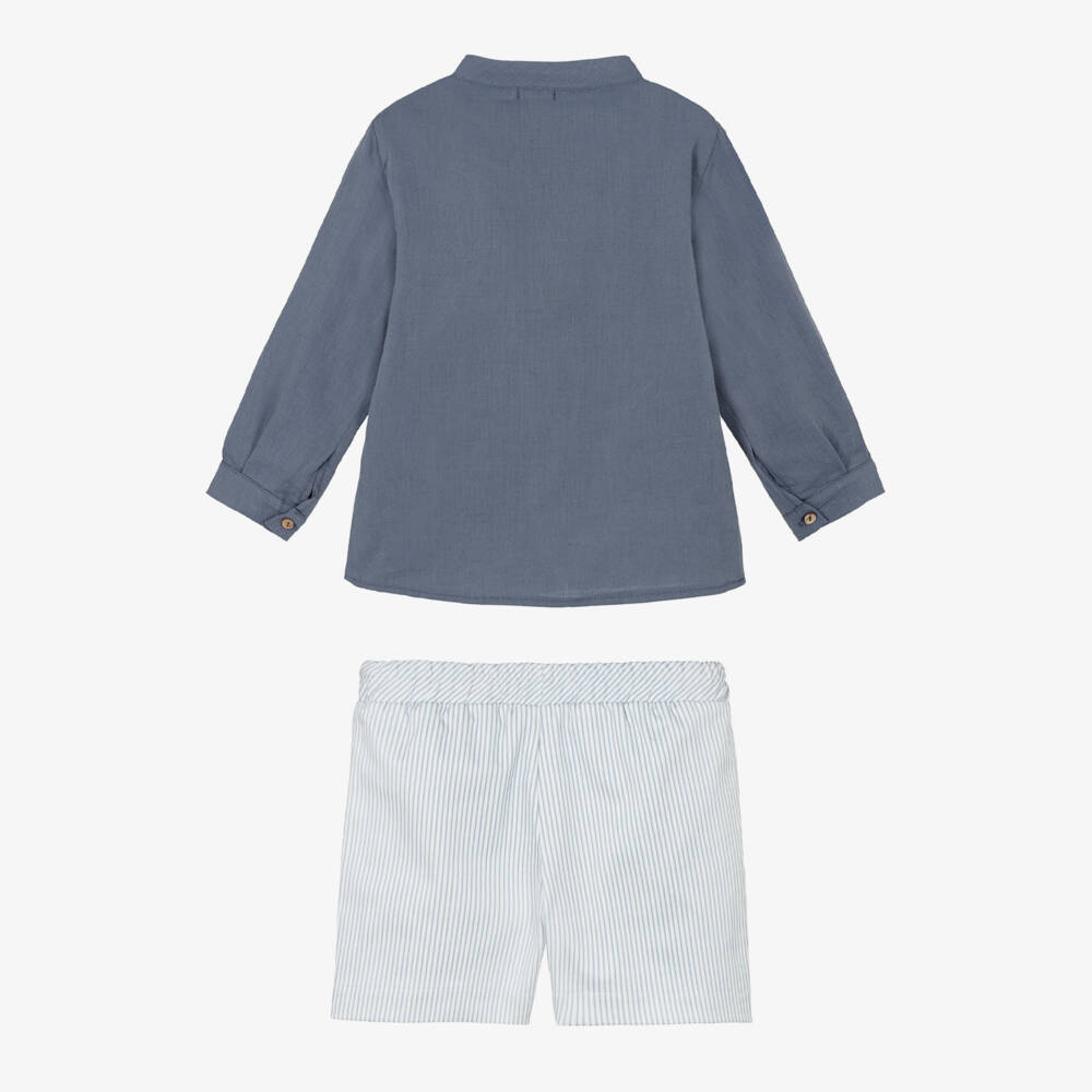 Mebi-Boys Blue Collarless Shirt & Striped Shorts Set | Childrensalon