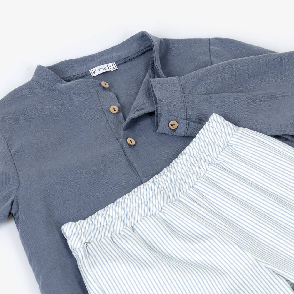 Mebi-Boys Blue Collarless Shirt & Striped Shorts Set | Childrensalon