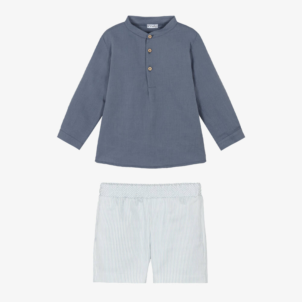 Mebi-Boys Blue Collarless Shirt & Striped Shorts Set | Childrensalon