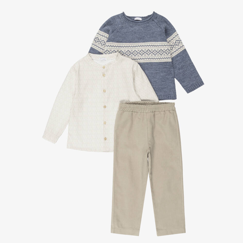 Mebi-Boys Blue Jumper & Beige Cord Trousers Set | Childrensalon