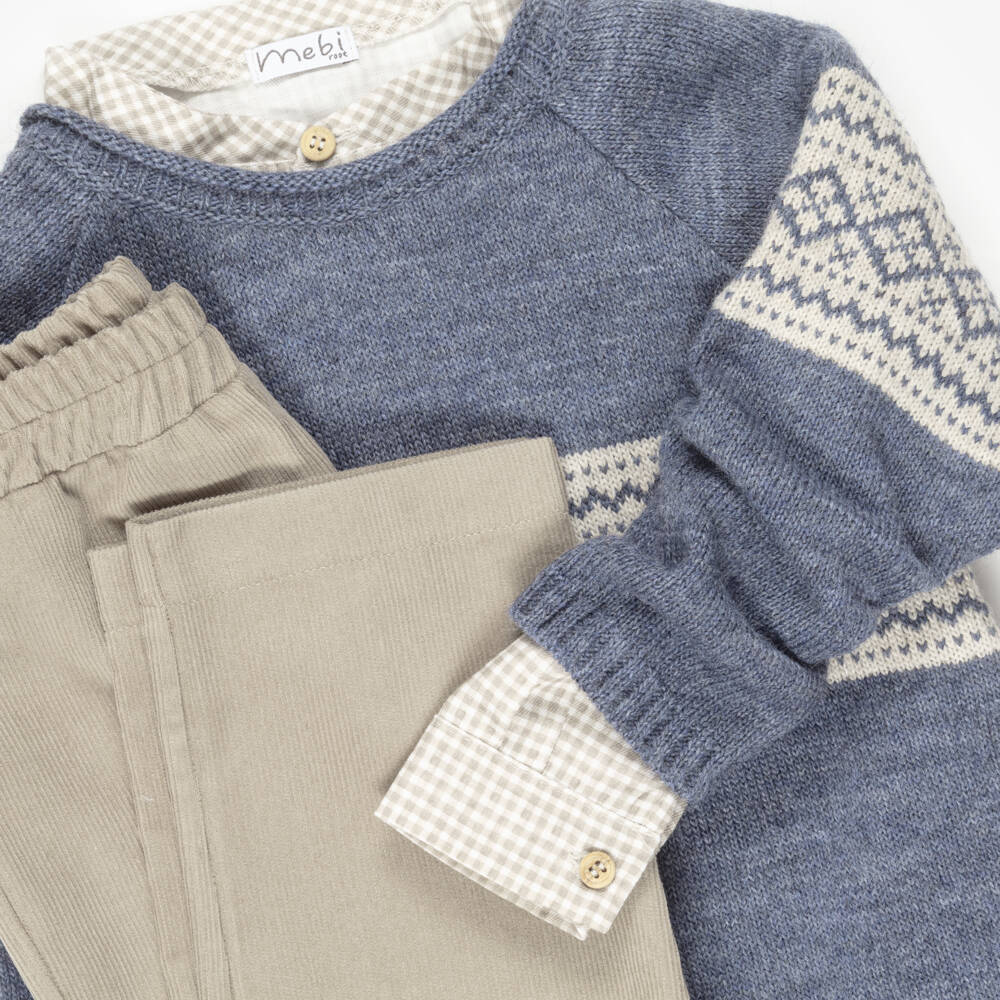 Mebi-Boys Blue Jumper & Beige Cord Trousers Set | Childrensalon