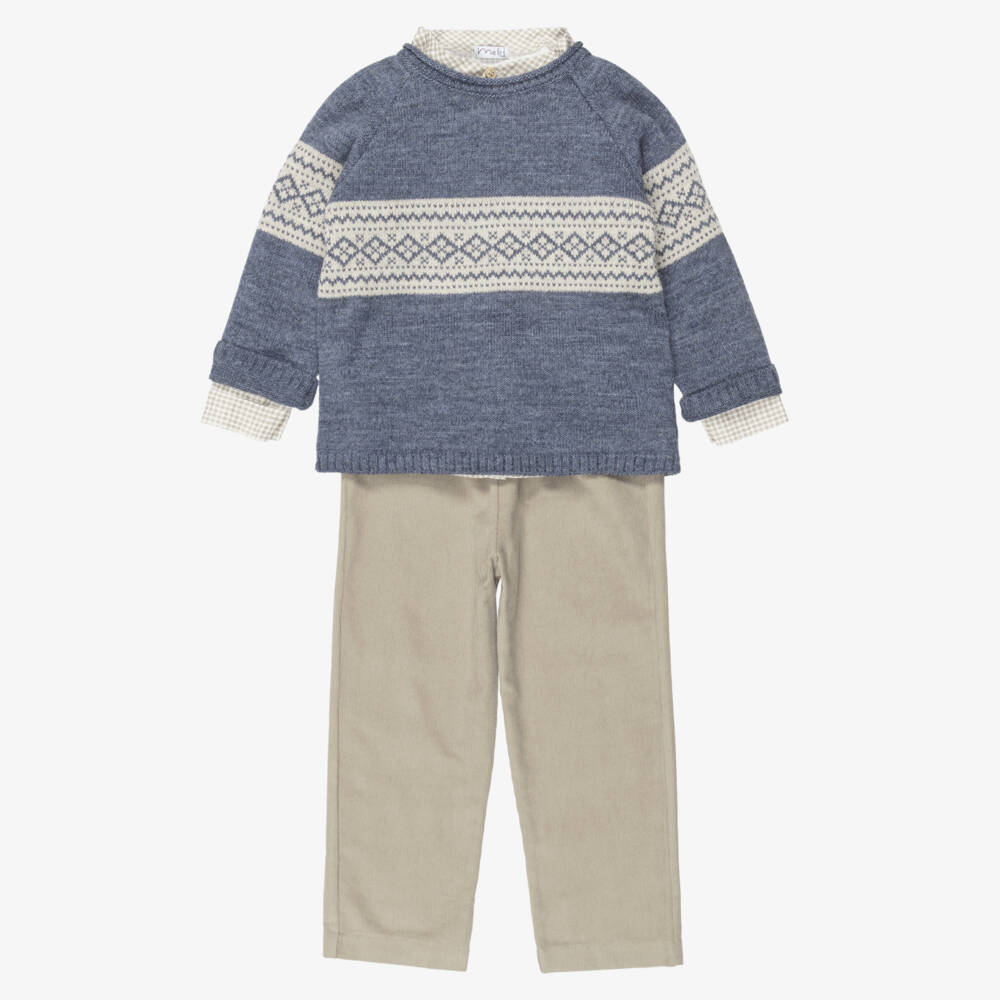 Mebi-Boys Blue Jumper & Beige Cord Trousers Set | Childrensalon