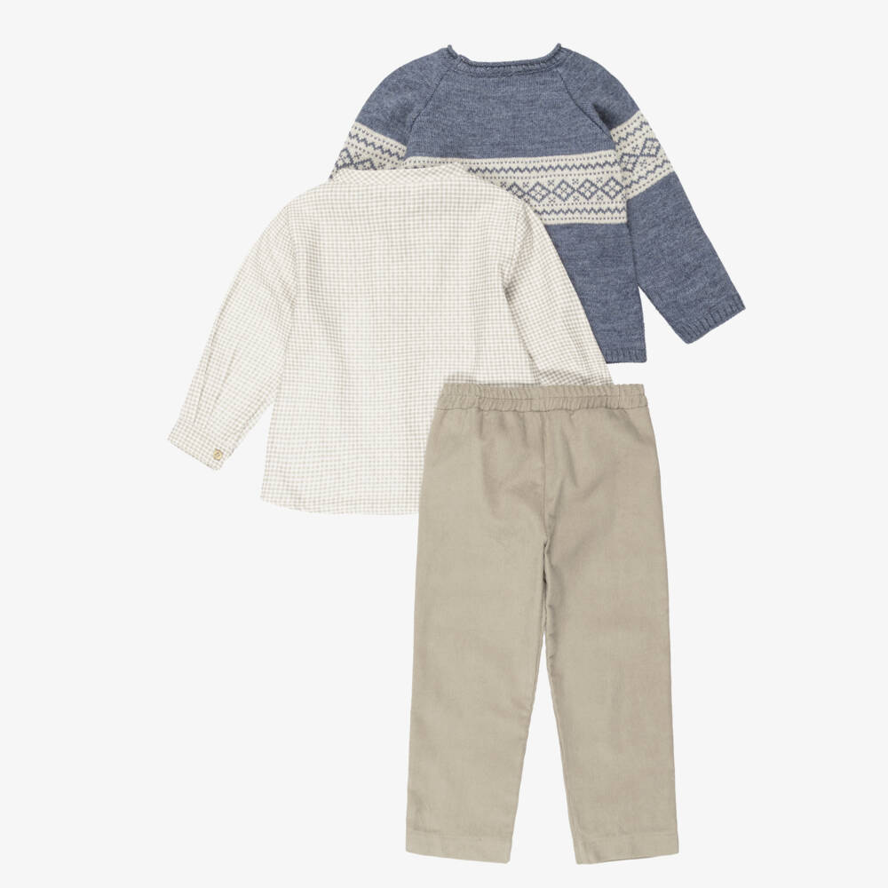 Mebi-Boys Blue Jumper & Beige Cord Trousers Set | Childrensalon