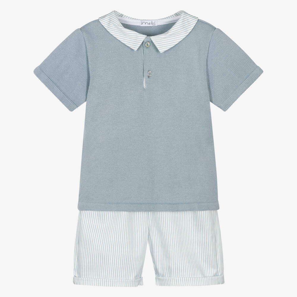 Mebi-Boys Blue Knitted & Woven Striped Shorts Set | Childrensalon