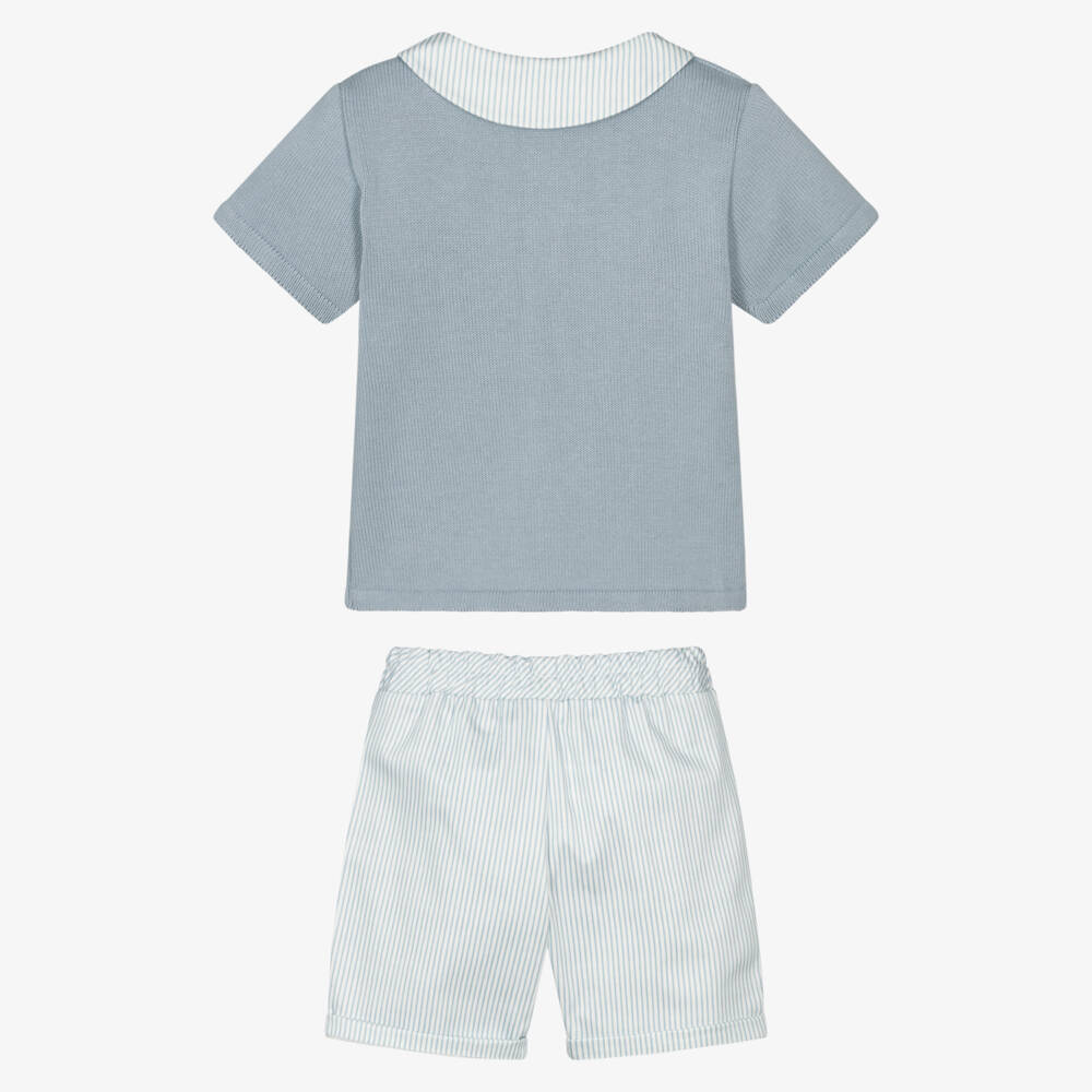 Mebi-Boys Blue Knitted & Woven Striped Shorts Set | Childrensalon