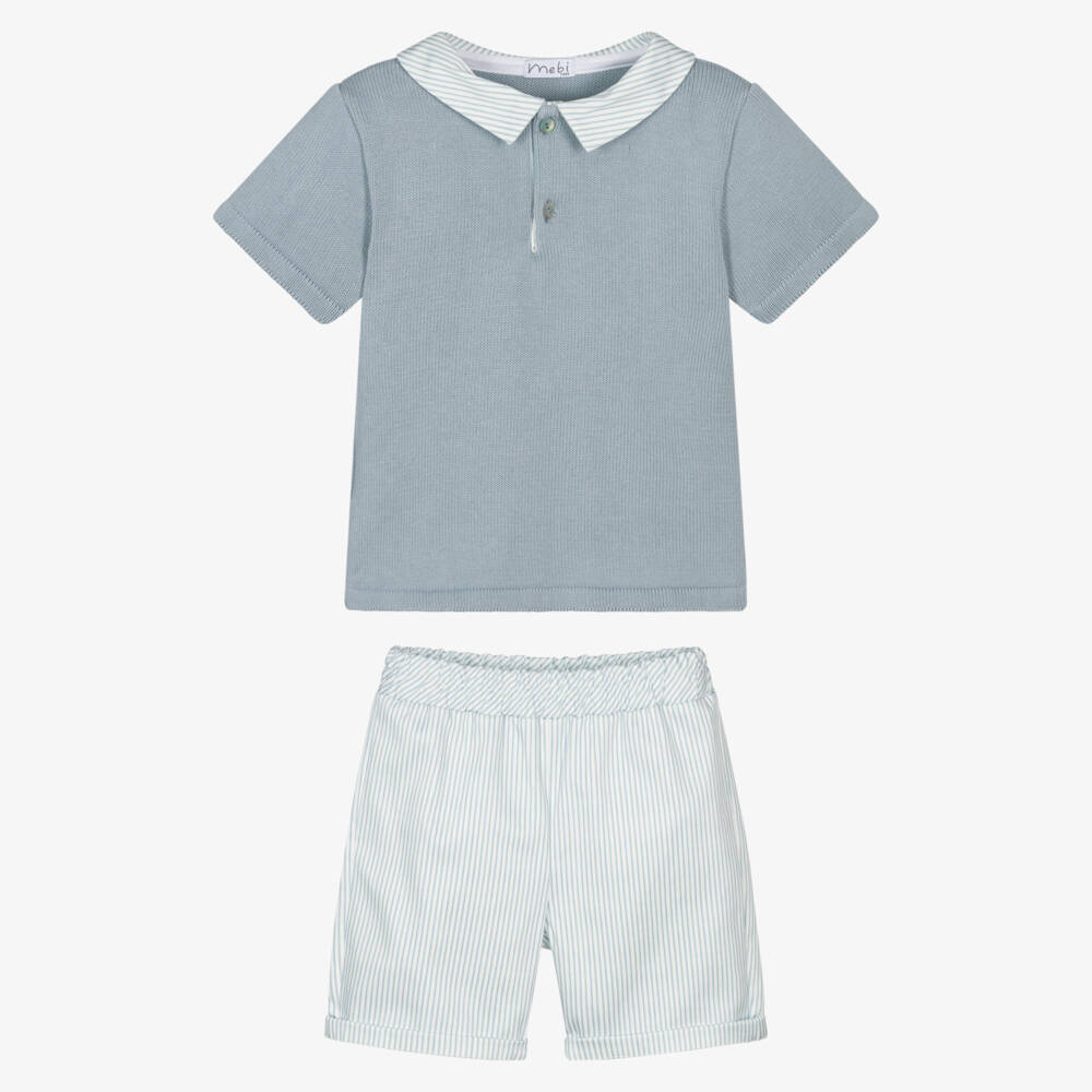 Mebi-Boys Blue Knitted & Woven Striped Shorts Set | Childrensalon