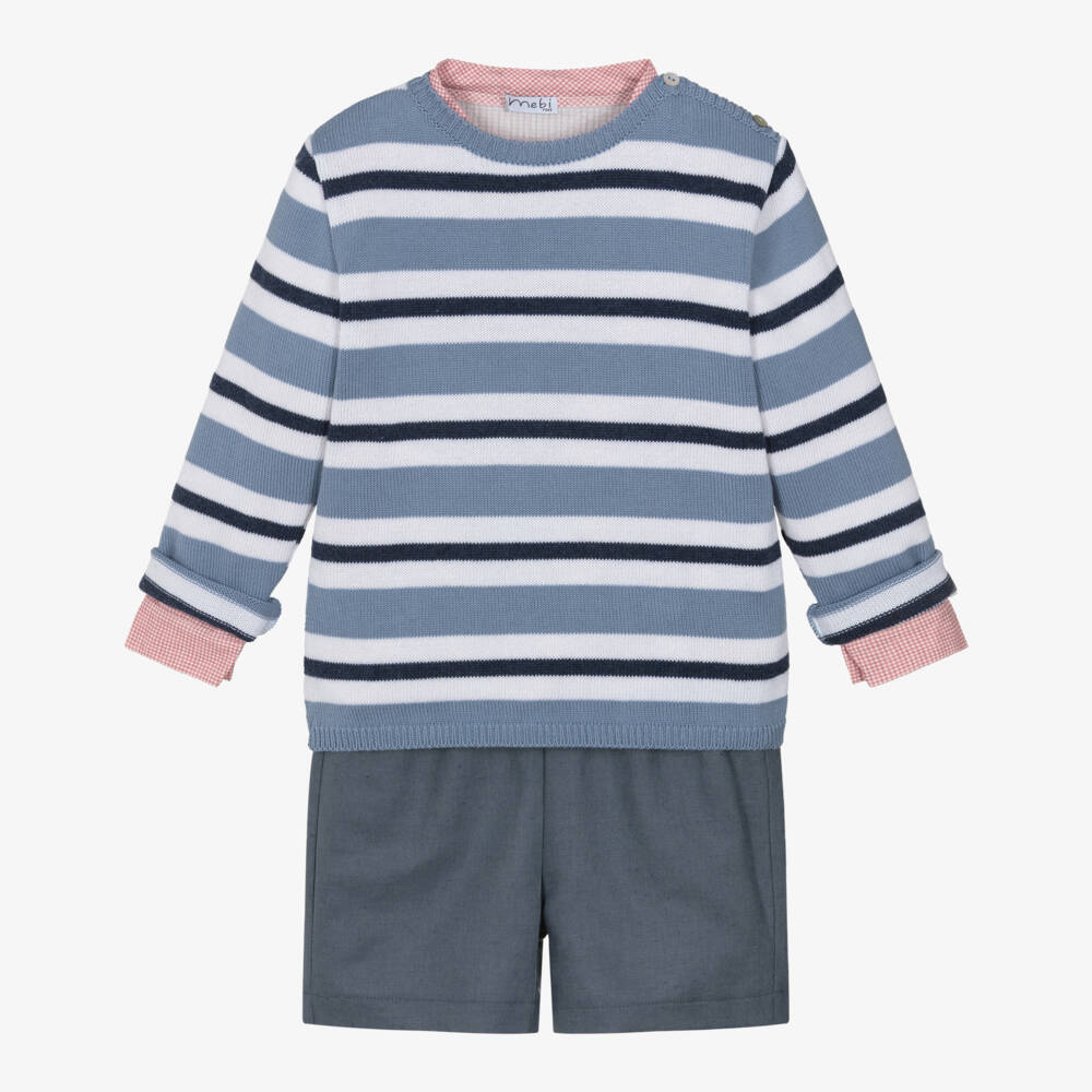 Mebi-Boys Blue Striped Knitted & Woven Shorts Set | Childrensalon