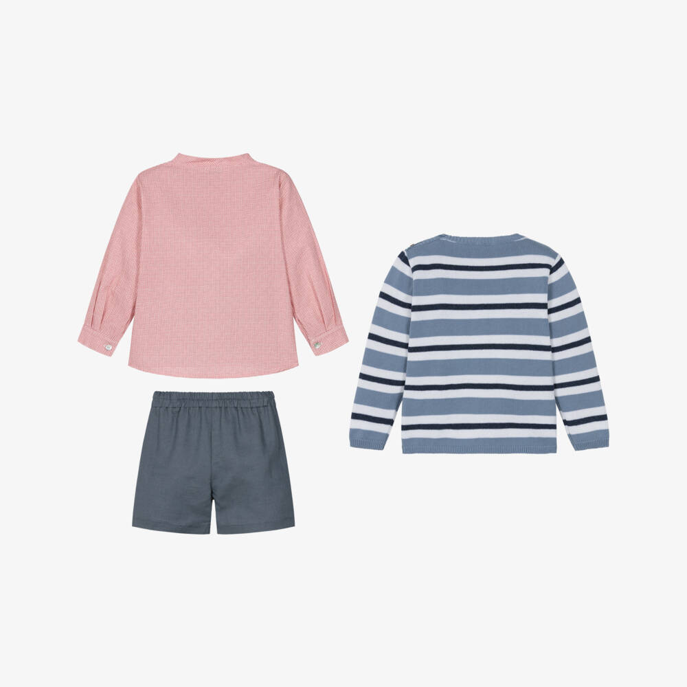 Mebi-Boys Blue Striped Knitted & Woven Shorts Set | Childrensalon
