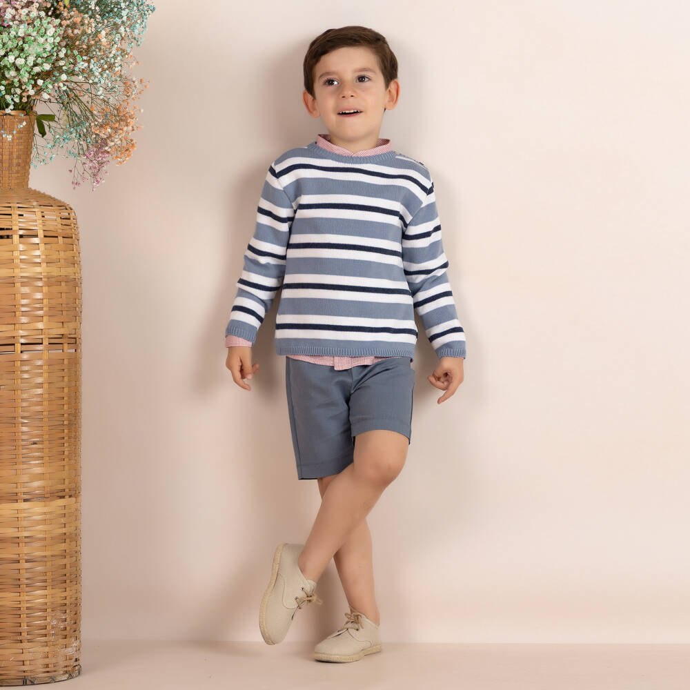 Mebi-Boys Blue Striped Knitted & Woven Shorts Set | Childrensalon