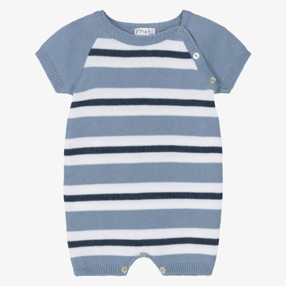 Mebi-Boys Blue & White Striped Cotton Knit Shortie | Childrensalon