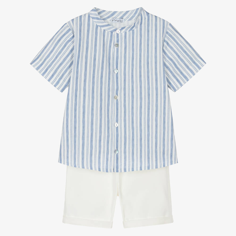 Mebi-Boys Blue & White Striped Cotton Shorts Set | Childrensalon