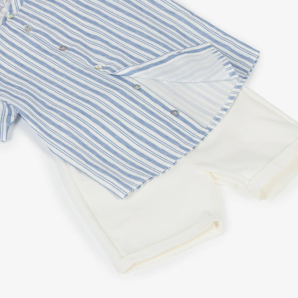 Mebi-Boys Blue & White Striped Cotton Shorts Set | Childrensalon