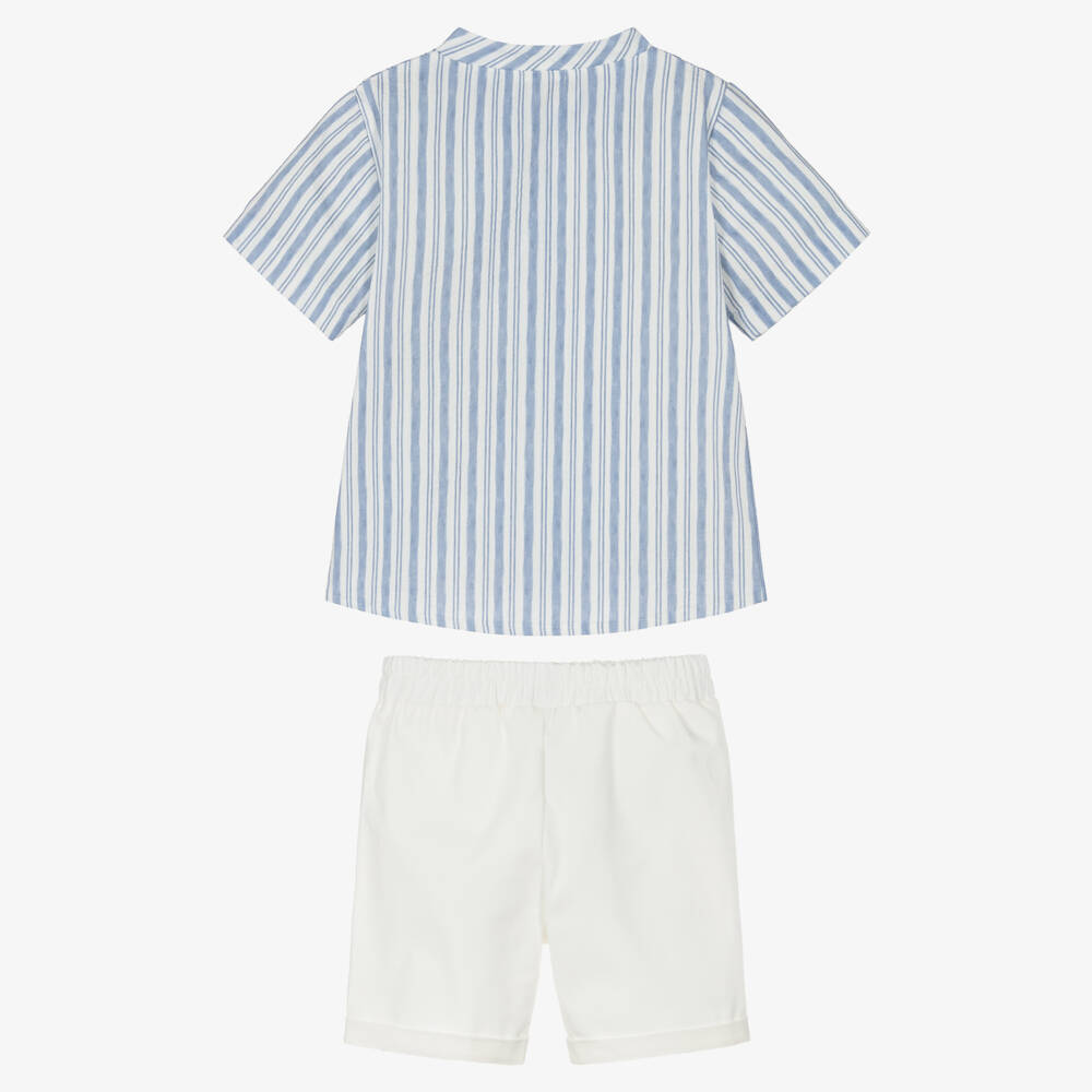 Mebi-Boys Blue & White Striped Cotton Shorts Set | Childrensalon