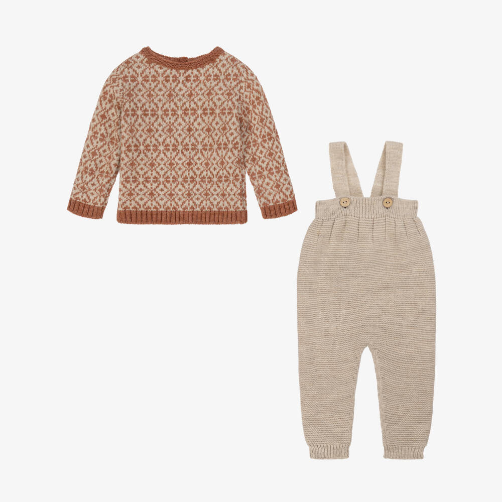 Mebi-Boys Brown & Beige Knitted Fair Isle Dungaree Set | Childrensalon