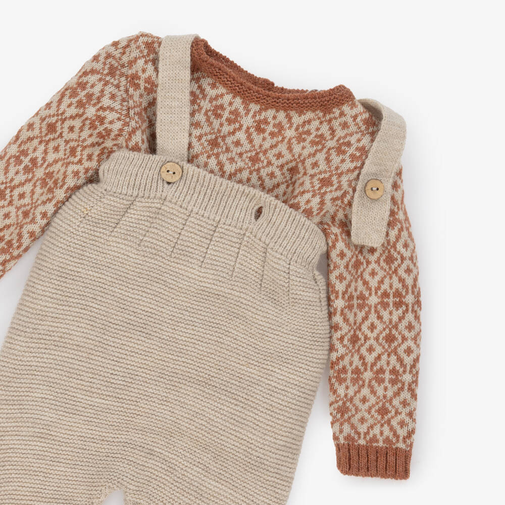 Mebi-Boys Brown & Beige Knitted Fair Isle Dungaree Set | Childrensalon