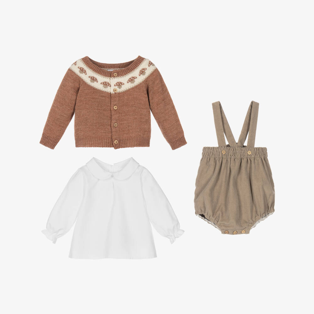 Mebi-Boys Brown & Beige Shorts Set with Toadstools | Childrensalon