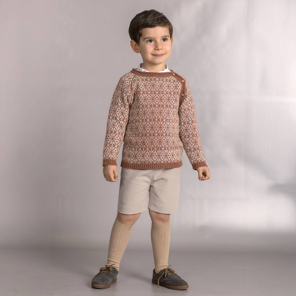 Mebi-Boys Fair Isle Sweater & Beige Corduroy Shorts Set | Childrensalon