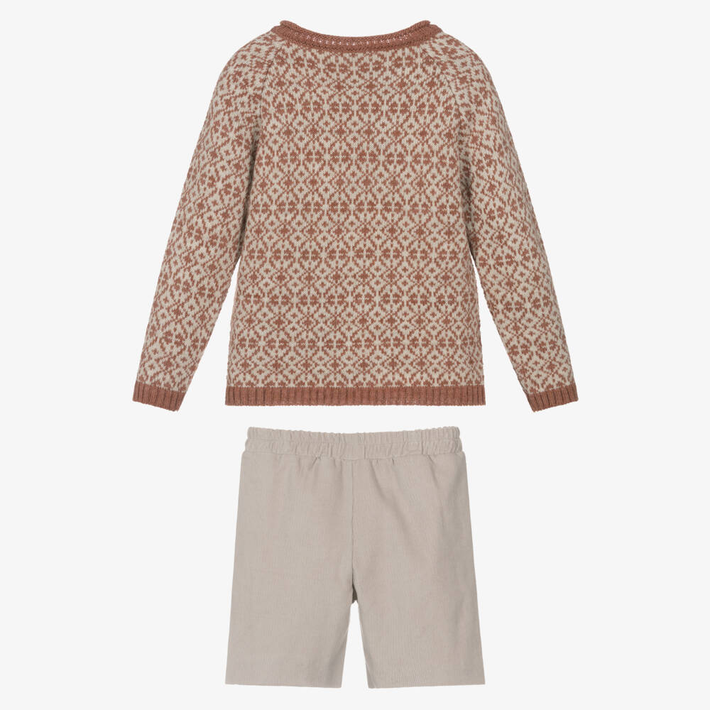 Mebi-Boys Fair Isle Sweater & Beige Corduroy Shorts Set | Childrensalon