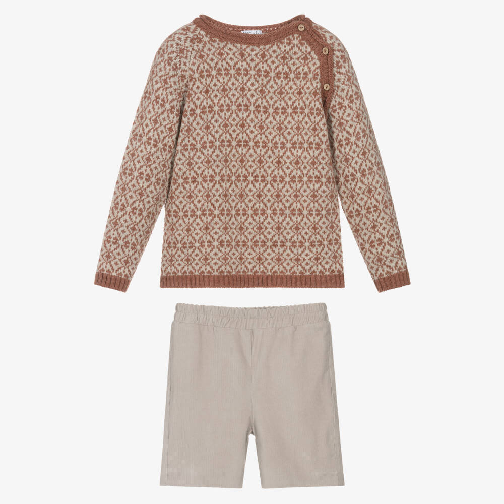 Mebi-Boys Fair Isle Sweater & Beige Corduroy Shorts Set | Childrensalon