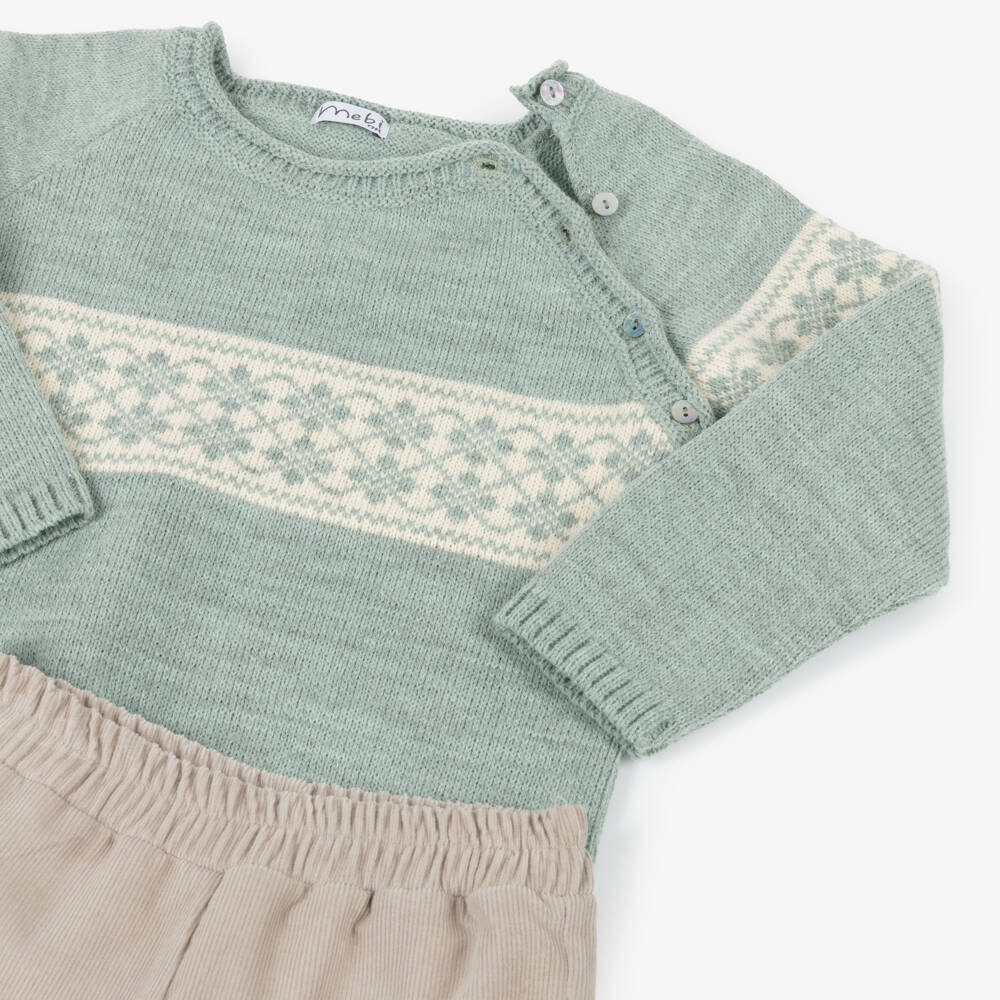 Mebi-Boys Green & Beige Fair Isle Trouser Set | Childrensalon