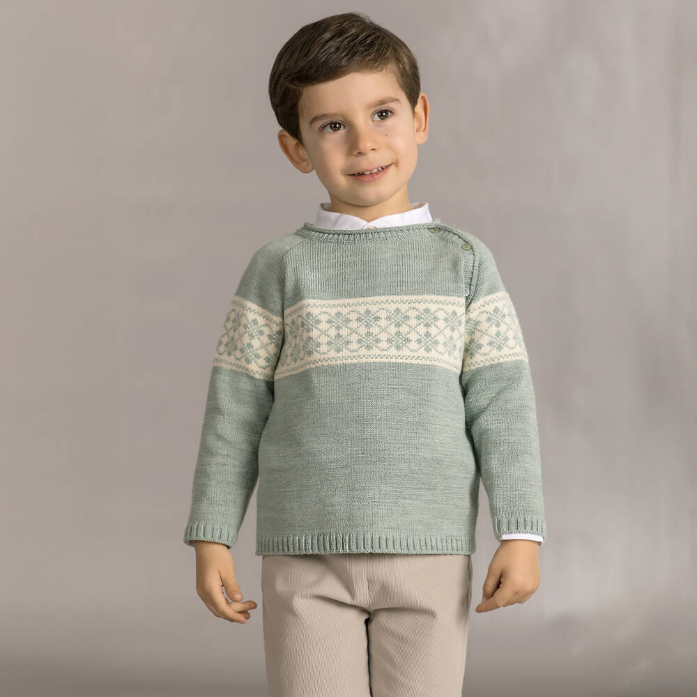 Mebi-Boys Green & Beige Fair Isle Trouser Set | Childrensalon