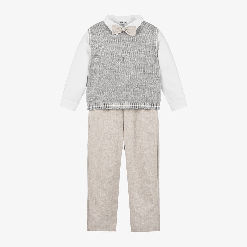 Mebi-Boys Grey & Beige Cotton Trouser Set | Childrensalon