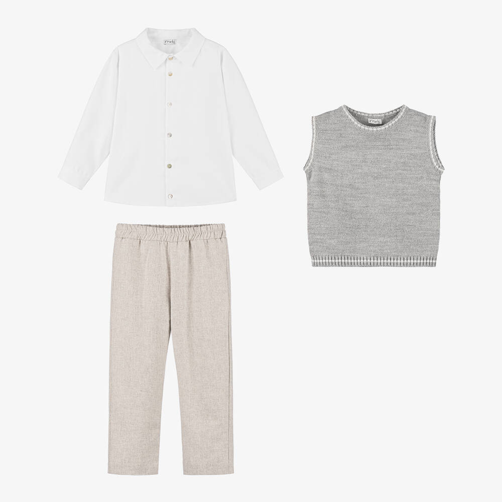 Mebi-Boys Grey & Beige Cotton Trouser Set | Childrensalon