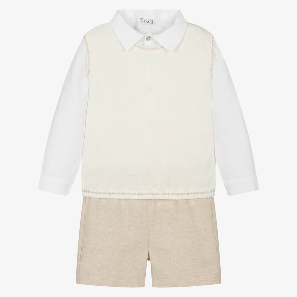 Mebi-Boys Ivory & Beige Linen Shorts Set | Childrensalon