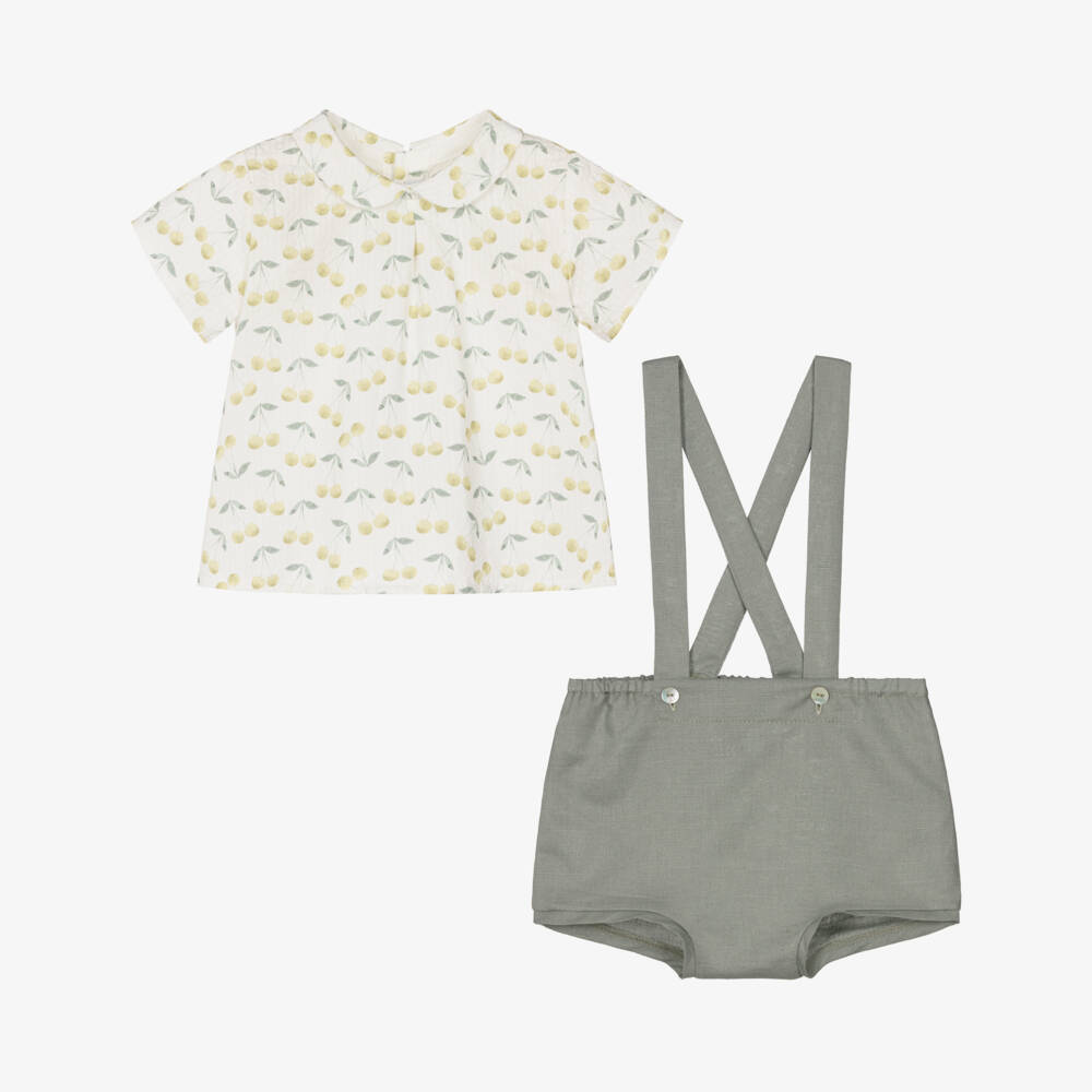 Mebi-Boys Ivory & Green Shorts Set with Cherry Print | Childrensalon