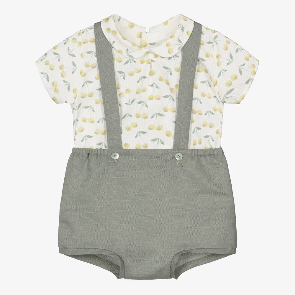 Mebi-Boys Ivory & Green Shorts Set with Cherry Print | Childrensalon