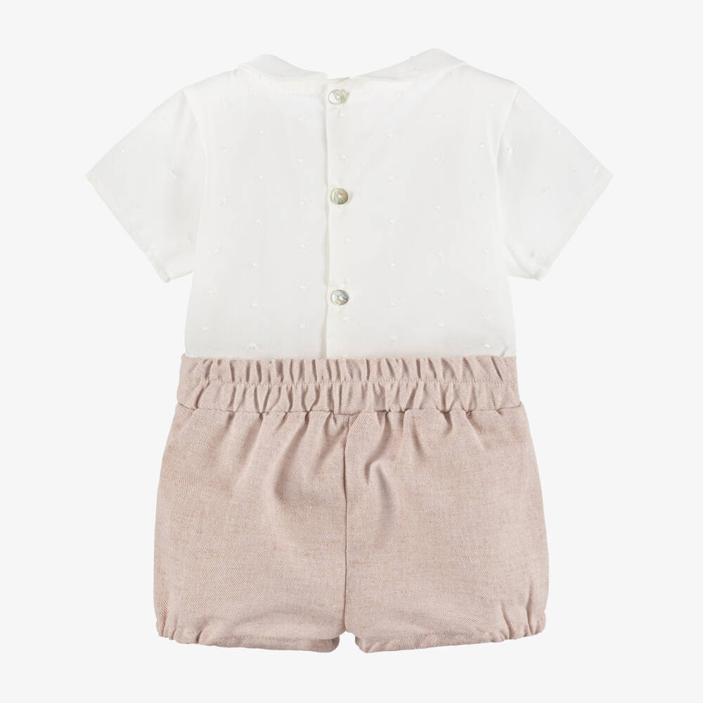 Mebi-Boys Ivory & Pink Buster Suit with Embroidered Dots | Childrensalon