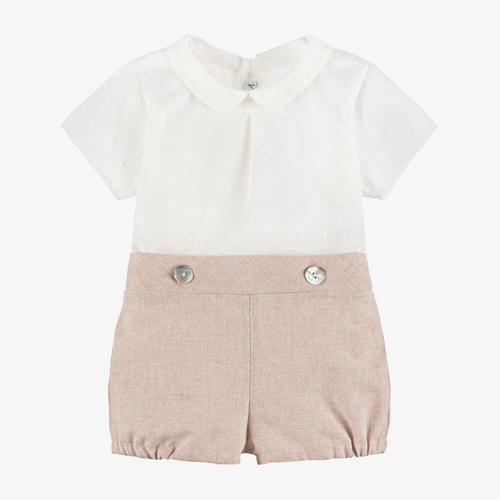 Mebi-Boys Ivory & Pink Buster Suit with Embroidered Dots | Childrensalon