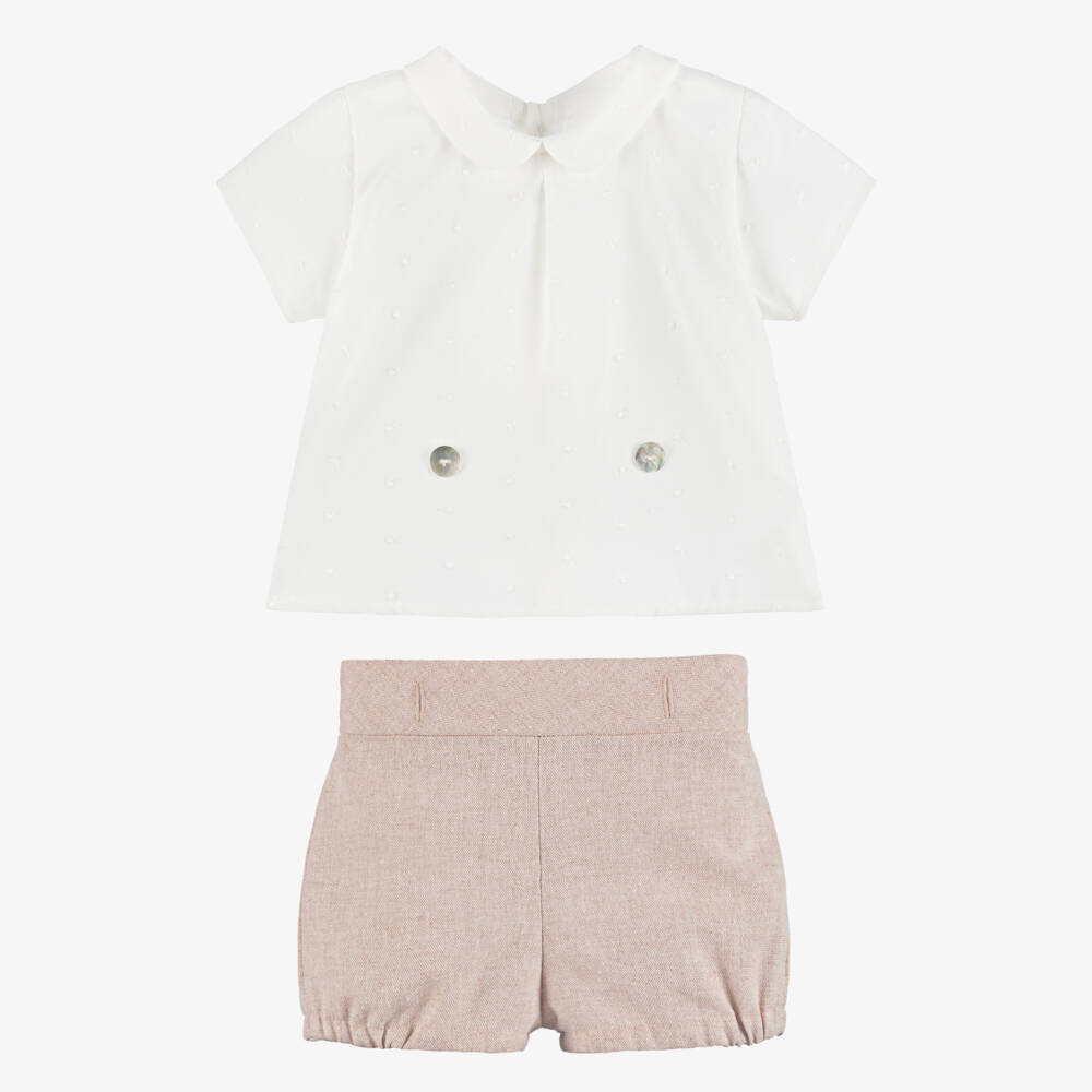 Mebi-Boys Ivory & Pink Buster Suit with Embroidered Dots | Childrensalon