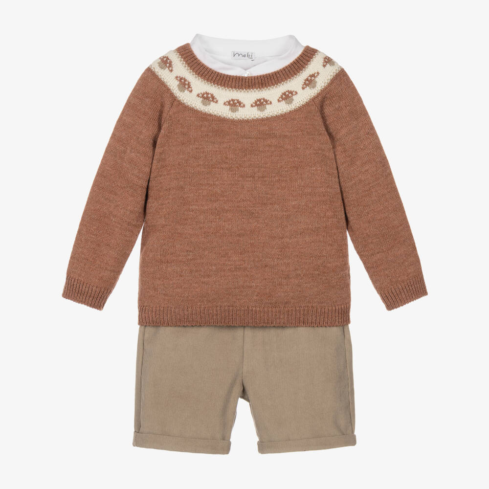 Mebi-Boys Terracotta Sweater & Brown Corduroy Shorts Set | Childrensalon