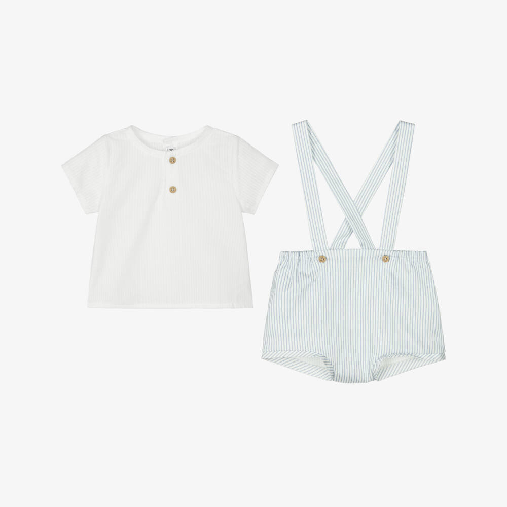 Mebi-Boys White & Blue Striped Cotton Shorts Set | Childrensalon